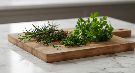 Fresh Herbs on Wooden Board Placed on Marble Countertop Still Life