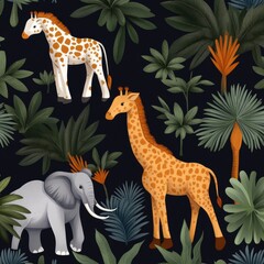 A vibrant illustration featuring a giraffe, elephant, and lush tropical plants.