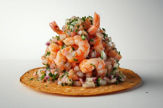 Close up of a shrimp ceviche tostada with shrimp cilantro onion and lime on a white surface in a studio
