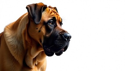 Obraz premium Imposing mastiff, alert expression, pure white backdrop, animal photography, breed, white background