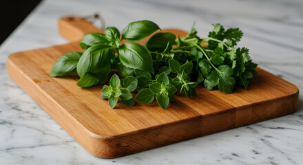Culinary Herbs Arrangement On A Wooden Board With A Marble Countertop
