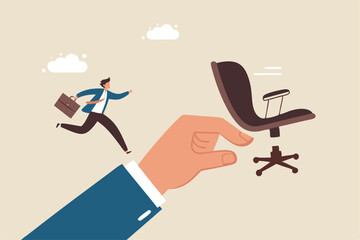 Employment opportunity, career path or motivation on job promotion position, ambition to reach career achievement, candidate to find new job concept, businessman run up big hand to new office chair.