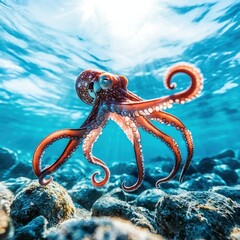 A vibrant octopus swimming gracefully in clear blue waters.