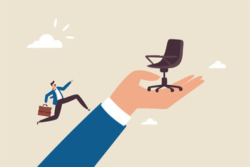 Employment opportunity, career path or motivation on job promotion position, ambition to reach career achievement, candidate to find new job concept, businessman run up big hand to new office chair.