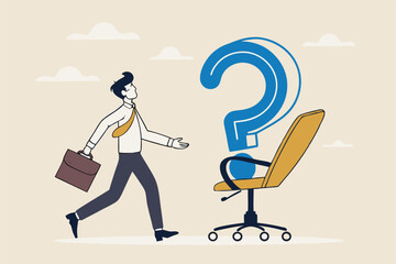 Search for new job position, career path or employment vacancy, change job decision or work opportunity, recruitment or hiring concept, businessman candidate thinking with office chair question mark.