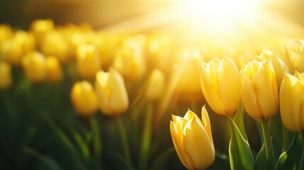 Sunlight illuminating a field of vibrant yellow tulips in bloom.