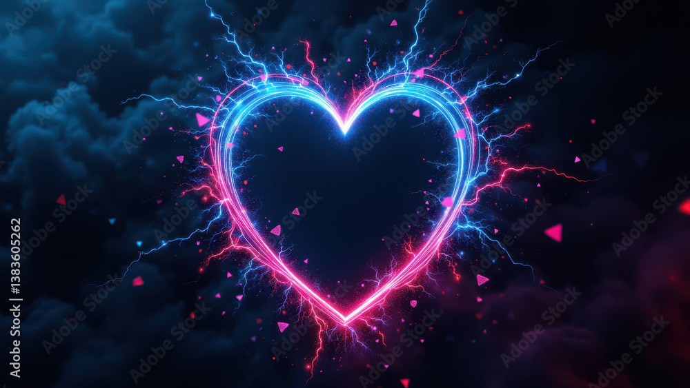 Poster heart-shaped sparkles forming a glowing digital heart with colorful electricity crackling around it 