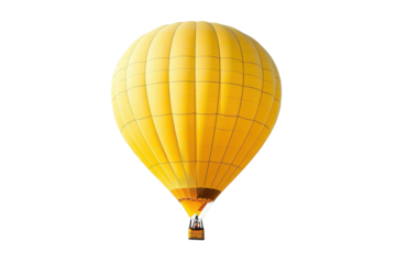 A bright yellow hot air balloon soars over a serene landscape on a clear sunny day
