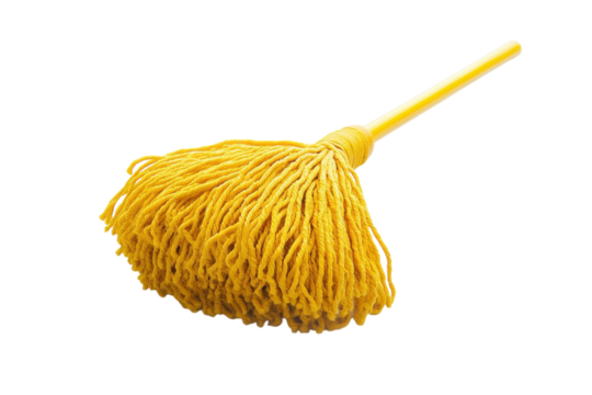 Bright yellow mop resting on a clean surface, ready for spring cleaning tasks ahead in sunshine