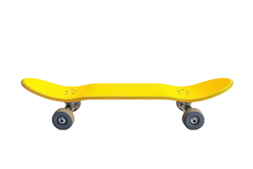 A vibrant yellow skateboard resting on a plain white backdrop, ready for a day of fun and tricks