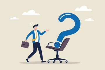 Search for new job position, career path or employment vacancy, change job decision or work opportunity, recruitment or hiring concept, businessman candidate thinking with office chair question mark.