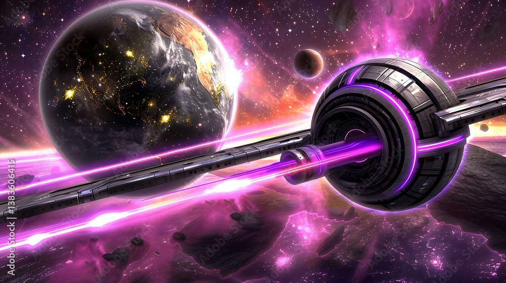 Poster a futuristic spacecraft and planet scene within outer space
