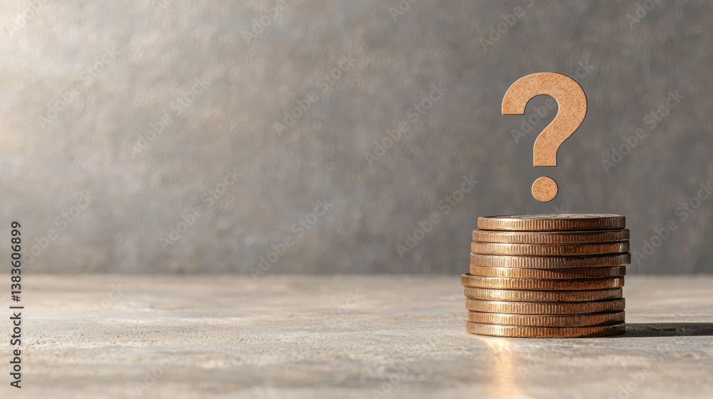 Poster stack of coins with a question mark on a textured background.