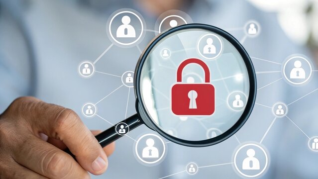 Red master key inside of magnifier glass among people icon for cyber security and pdpa personal data protection act 