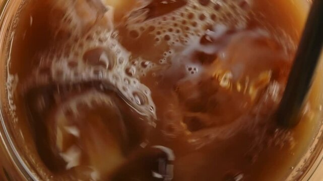 Iced coffee with milk is stirred with a straw in macro view, creating swirling motion, bubbles, and glossy textures among spinning ice cubes.