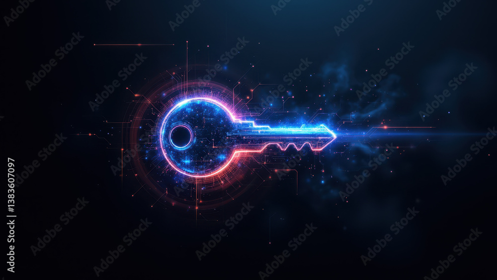 Poster illustration of a digital lock with an eye-like design over a futuristic computer interface backgrou
