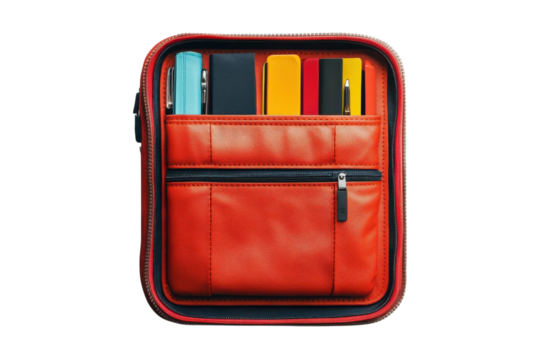 Vibrant orange pouch packed with pens, markers, and stationery essentials