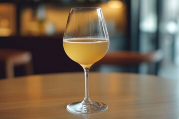 A wine glass filled with a yellow beverage sits on a table with a blurred background in a restaurant