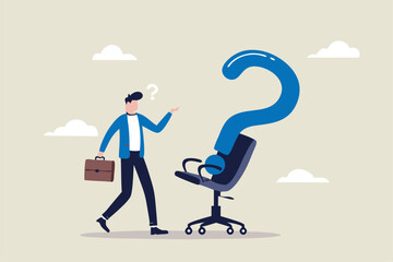 Search for new job position, career path or employment vacancy, change job decision or work opportunity, recruitment or hiring concept, businessman candidate thinking with office chair question mark.