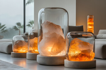 Glowing Salt Lamps: A collection of warm, illuminated salt lamps adds a touch of serene ambiance to an interior space, exuding a sense of natural calm and peaceful decor.