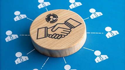 Top view design on blue background of Hand shaking which print screen on wooden round block with human figure