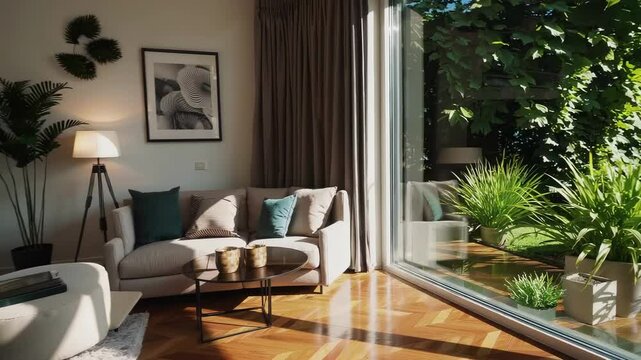 Salon moderne lumineux avec grandes baies vitr&eacute;es ouvertes sur un jardin fleuri, d&eacute;coration cosy et plantes vertes, ambiance haut de gamme en fin de matin&eacute;e