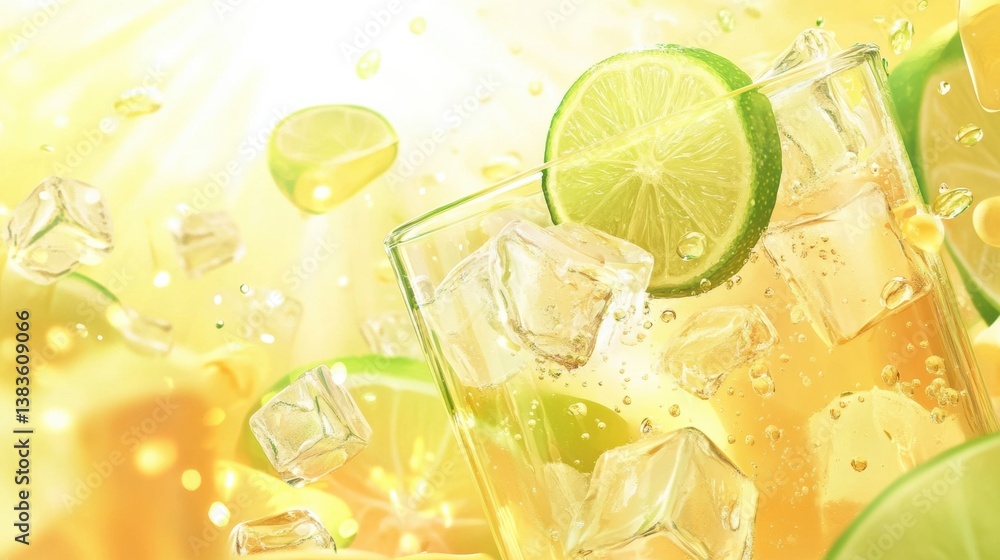 Poster Refreshing cold lemonade with ice and lime in bright summer setting