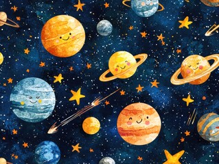 Naklejka premium A whimsical cosmic illustration featuring cheerful planets, stars, and a deep starry backdrop, perfect for children