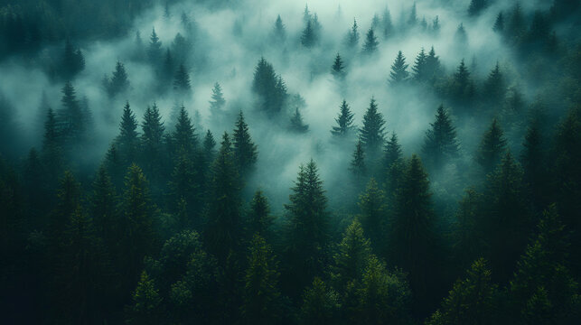 Misty Forest Canopy: A dense, emerald-green forest canopy shrouded in a mysterious, ethereal mist, creating a dramatic and evocative landscape.
