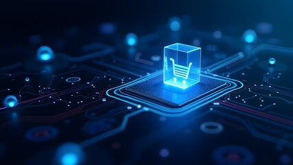 A Futuristic Digital interface with a shopping cart that shows online shopping