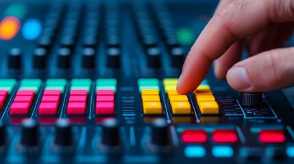 Finger on Audio Mixer Controls for Creative Sound Design and Production Techniques.