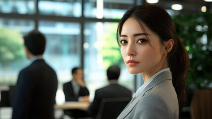 Fototapeta premium Confident Japanese businesswoman engaging in discussion in modern office setting, showcasing professionalism and focus. atmosphere is dynamic and collaborative