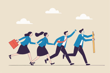 Leadership to find team direction, guidance or solution to follow, manager create strategy or way to achieve success, leading to win concept, businessman leader draw line for employees to follow.