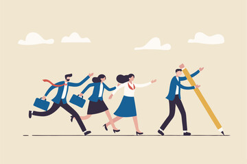 Leadership to find team direction, guidance or solution to follow, manager create strategy or way to achieve success, leading to win concept, businessman leader draw line for employees to follow.