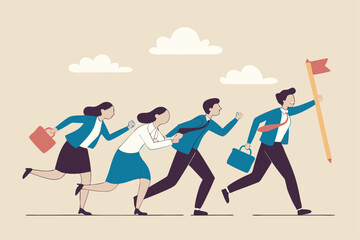 Leadership to find team direction, guidance or solution to follow, manager create strategy or way to achieve success, leading to win concept, businessman leader draw line for employees to follow.