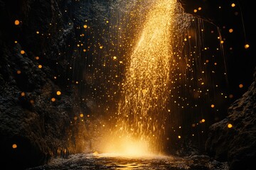 Golden waterfall cascading down dark rocks, creating a magical, sparkling effect.