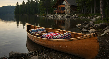 Peaceful Lakeside Retreat Featuring a Canoe and Cozy Cabin Scene