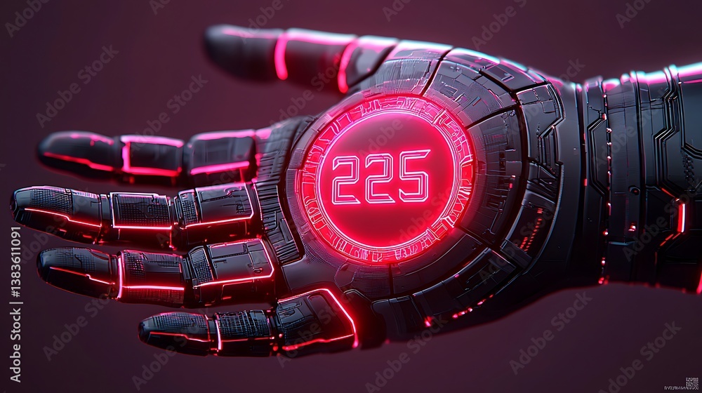 Poster futuristic robotic hand with glowing number display, showcasing advanced technology and artificial i