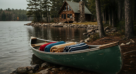 Obraz premium Cozy Lakeside Cabin Retreat with Weathered Canoe and Soft Blankets For Relaxing Time