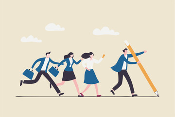 Leadership to find team direction, guidance or solution to follow, manager create strategy or way to achieve success, leading to win concept, businessman leader draw line for employees to follow.