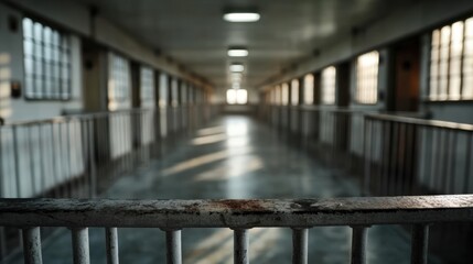 An eerie prison hallway captured in dim light, highlighting the sense of isolation and abandonment, perfect for evoking themes of confinement and desolation.