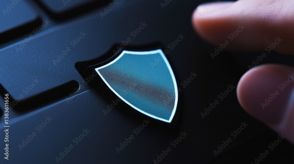 Poster protective shield symbol on a keyboard with finger touch.