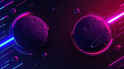 Two purple planets with neon rings amidst a starry black backdrop