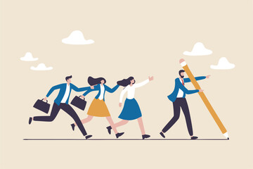 Leadership to find team direction, guidance or solution to follow, manager create strategy or way to achieve success, leading to win concept, businessman leader draw line for employees to follow.