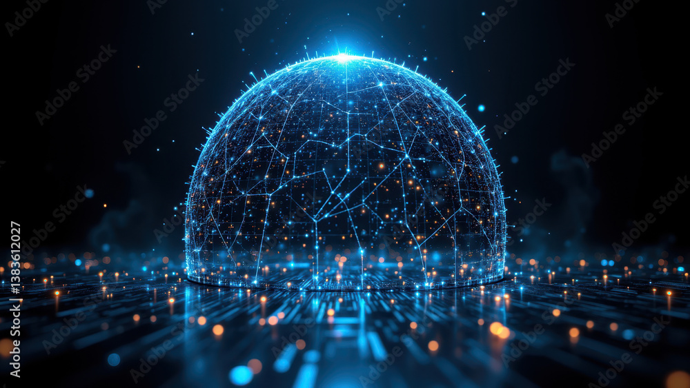 Poster cybersecurity globe with digital network patterns glowing in blue light.