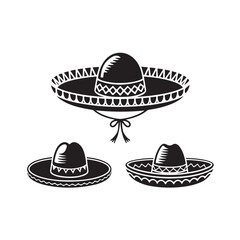  Set of Traditional Mexican Sombrero Hat Silhouettes – Collection of Cultural Headwear Icons in Black and White for Fiesta, Cinco de Mayo, and Ethnic Fashion Themes