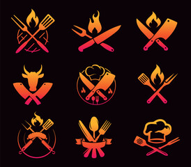 Cooking-Themed Icons with Knives and Flames. A set of stylish cooking-related icons featuring crossed knives, flames, and culinary symbols in a fiery color scheme.