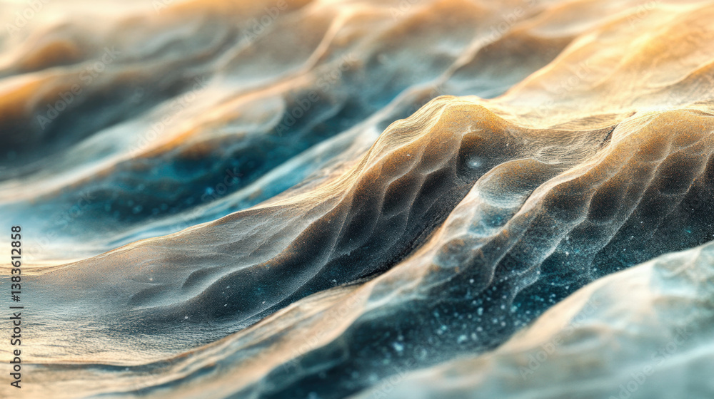 Poster close up of textured surface resembling undulating waves, with blend of blue and golden hues creatin