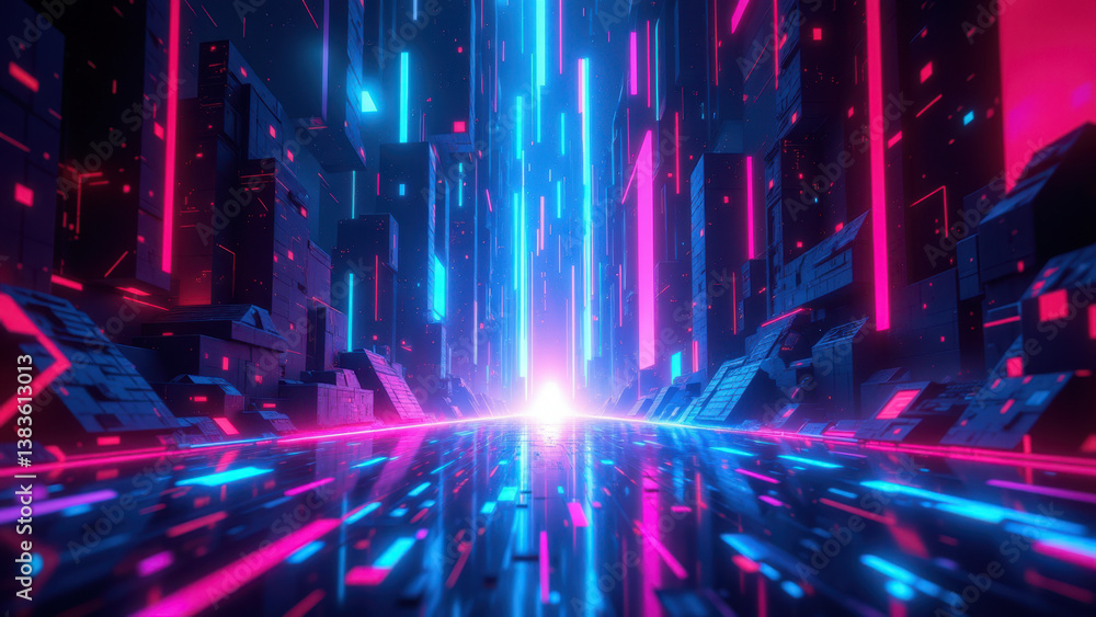 Poster futuristic cybernetic digital tunnel with neon lights emphasizing internet security.
