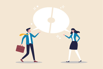 Communicate solution to solve problem, agreement, teamwork or cooperation, conversation message, meeting or discussion concept, business people communicate with connected jigsaw puzzle speech bubble.